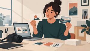 Editorial illustration of a photographer at a desk holding two sample photo cards, with a camera, laptop, card designs, and a stack of blank business cards nearby.