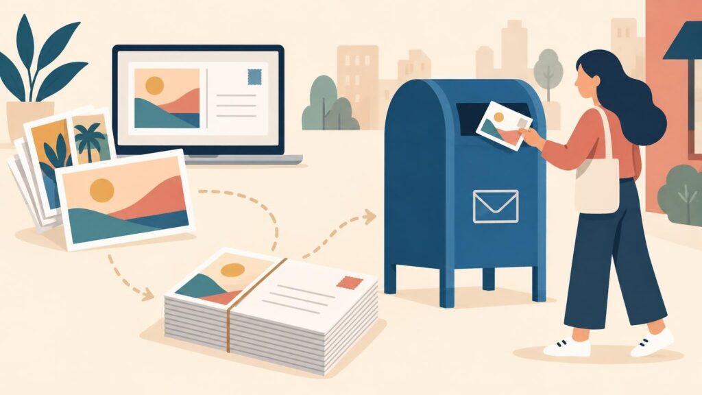 Flat editorial illustration of a woman mailing a postcard in a blue street mailbox beside a laptop showing a postcard layout and a bundled stack of printed postcards.