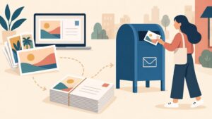 Flat editorial illustration of a woman mailing a postcard in a blue street mailbox beside a laptop showing a postcard layout and a bundled stack of printed postcards.