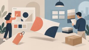Flat editorial illustration of two people preparing printed design materials in a studio, with a floating business card design, sample cards, stacked paper, a shipping box, and a design screen.