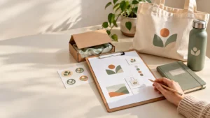 Warmly lit desk with a clipboard of botanical product-design samples beside a matching canvas tote bag, metal water bottle, notebook, stickers, and a small packaging box.