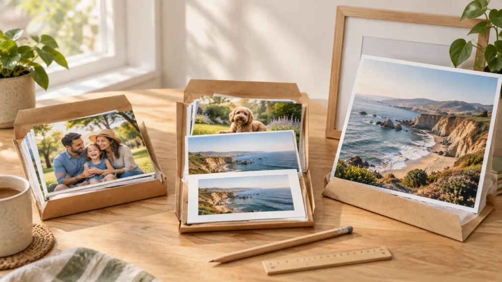 Three unbranded kraft-paper packages of glossy photo prints sit on a sunlit wooden desk beside a pencil, ruler, mugs, plants, and a large framed coastal landscape print.