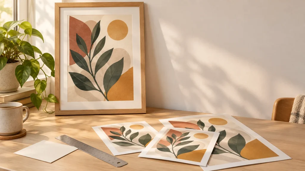 Warm sunlit desk with a framed abstract botanical art print, several smaller matching prints, a ruler, a blank sheet of paper, a mug, and a potted plant.