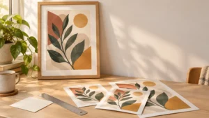 Warm sunlit desk with a framed abstract botanical art print, several smaller matching prints, a ruler, a blank sheet of paper, a mug, and a potted plant.