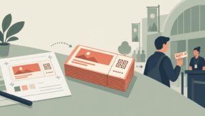 Flat vector illustration of printed event tickets: a design proof sheet and pen on a desk beside a stack of orange tickets, with an attendee presenting a ticket to staff outside a venue.