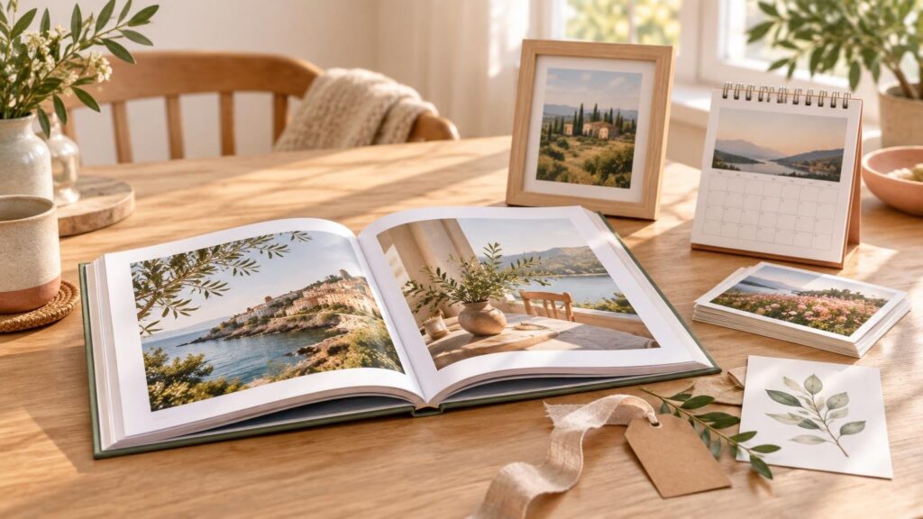 Warm sunlit dining table arranged with an open landscape photo book, a framed photo print, a desk calendar, a stack of loose photo prints, and a blank kraft gift tag with greenery.