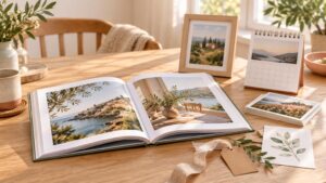 Warm sunlit dining table arranged with an open landscape photo book, a framed photo print, a desk calendar, a stack of loose photo prints, and a blank kraft gift tag with greenery.