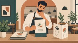 Flat editorial illustration of a restaurant worker in a dark apron holding a menu beside stacks of printed menus and a folded tabletop menu in a warm, plant-filled dining room.