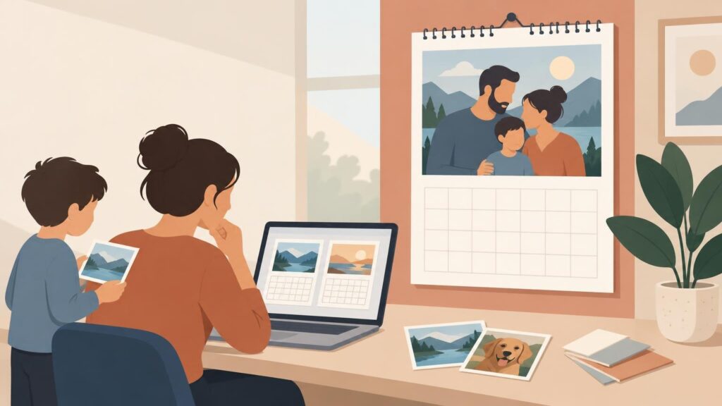 Flat editorial illustration of a parent and child using a laptop and photo prints to make a wall calendar, with a family photo, blank date grid, desk plant, and framed landscape art.
