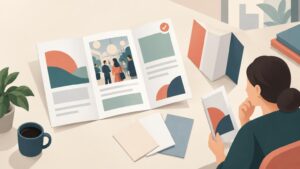 Editorial-style illustration of a person reviewing an open tri-fold brochure and smaller printed leaflets on a desk with a coffee cup, plant, and stacked books.