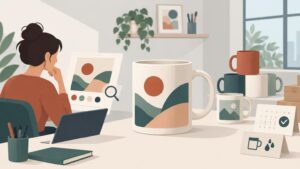Flat editorial illustration of a person reviewing a mug design on a computer beside a large printed mug, stacked blank mugs, color swatches, and small ordering and care icons.