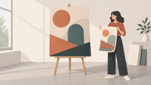 Editorial illustration of a person holding a geometric art print beside a large matching poster on an easel in a bright studio.