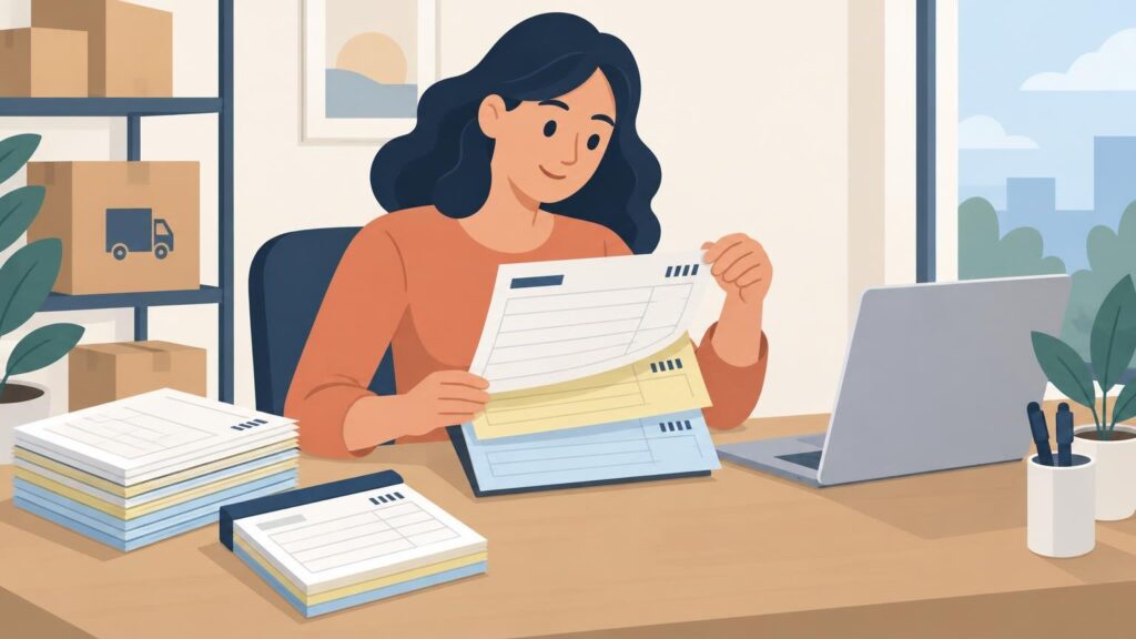 Flat vector illustration of a woman at a desk separating white, yellow, and blue multipart business forms, with stacked form pads, a laptop, pens, shipping boxes, and a window behind her.