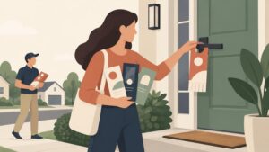 Flat editorial illustration of a woman hanging a colorful door hanger on a green front door while holding several printed door-hanger designs; a delivery worker carrying more hangers walks along a suburban sidewalk in the background.
