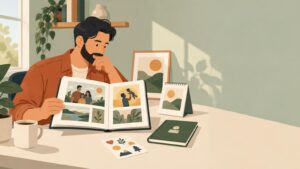 Warm editorial-style illustration of a bearded man looking through a photo album at a desk with framed prints, a small desk calendar, stickers, plants, and a coffee mug.