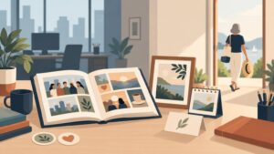 Warm editorial illustration of a desk with an open photo album, framed landscape print, small desk calendar, cards, books, and a woman walking toward a sunny coastal view from an office.