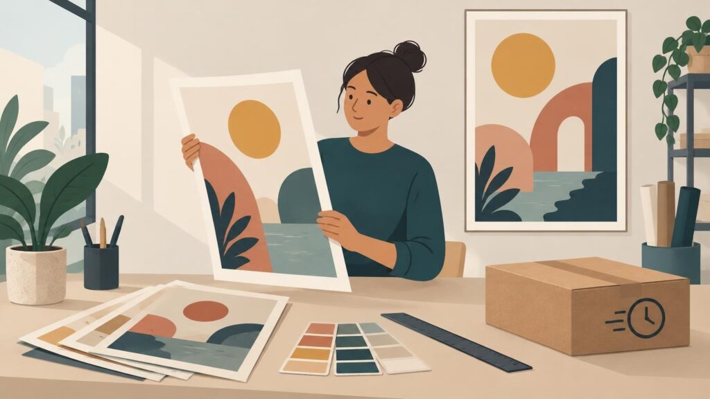 Flat editorial illustration of a person holding a large abstract art poster at a desk with sample prints, color swatches, a ruler, rolled paper, plants, and a cardboard shipping box marked with a clock icon.