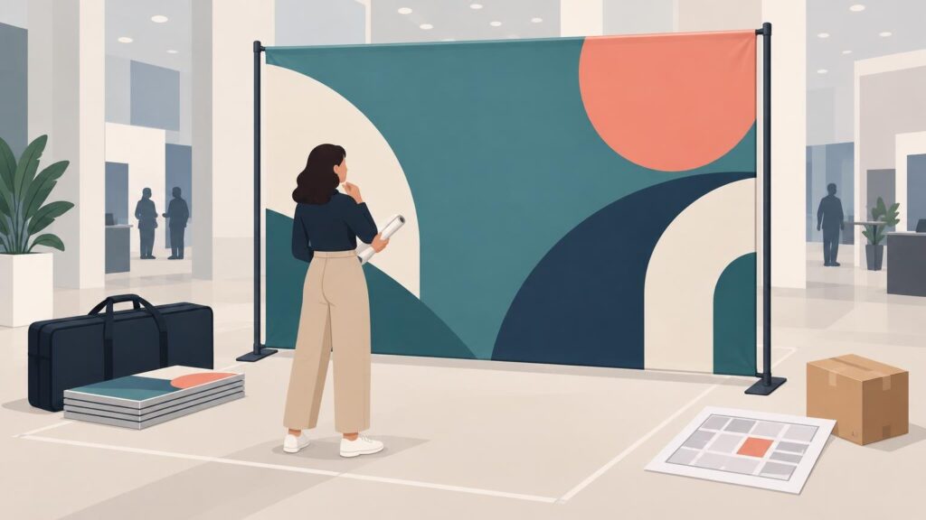 Editorial-style illustration of a woman preparing a large geometric trade show backdrop in a bright exhibition hall, with a carrying case, printed panels, color proof sheet, and shipping box nearby.